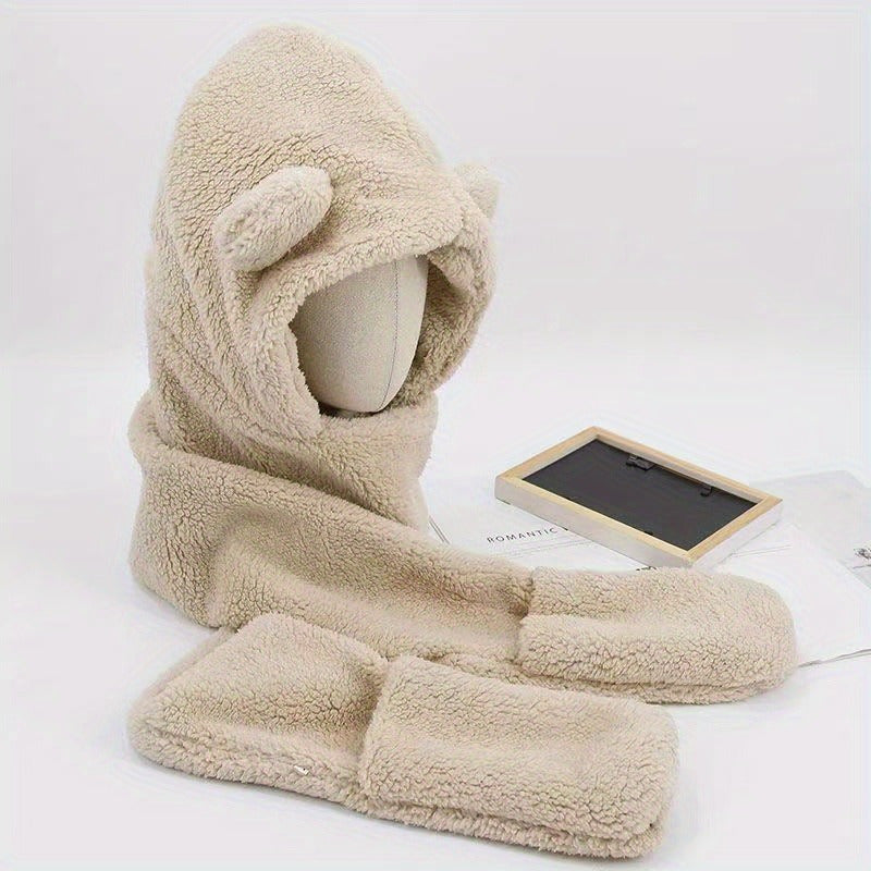 3-Piece Cute Bear Ear Fleece Headwear Set - Cozy Polyester Hat, Plush Scarf, & Mitten Combo for Women - Fall/Winter Outdoor Climbing Essentials