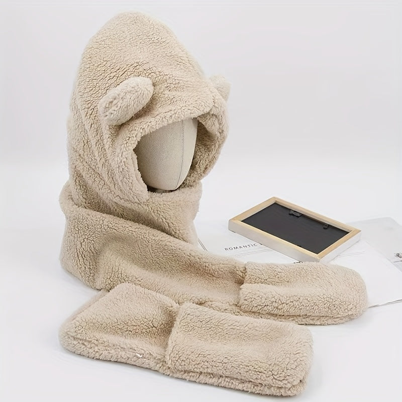 3-Piece Cute Bear Ear Fleece Headwear Set - Cozy Polyester Hat, Plush Scarf, & Mitten Combo for Women - Fall/Winter Outdoor Climbing Essentials