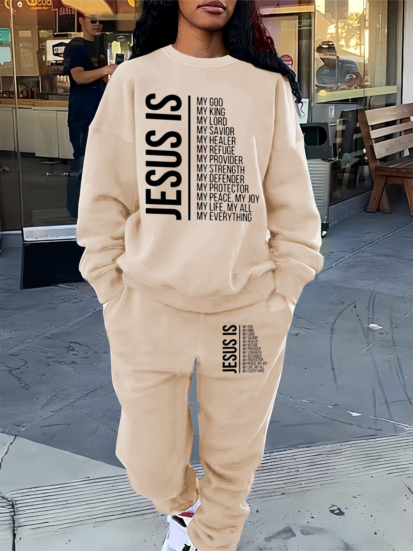 Cozy Fleece-Lined Women's Casual Letter Print Sweatshirt & Joggers Set - Machine Washable, All-Season Comfort