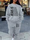 Cozy Fleece-Lined Women's Casual Letter Print Sweatshirt & Joggers Set - Machine Washable, All-Season Comfort