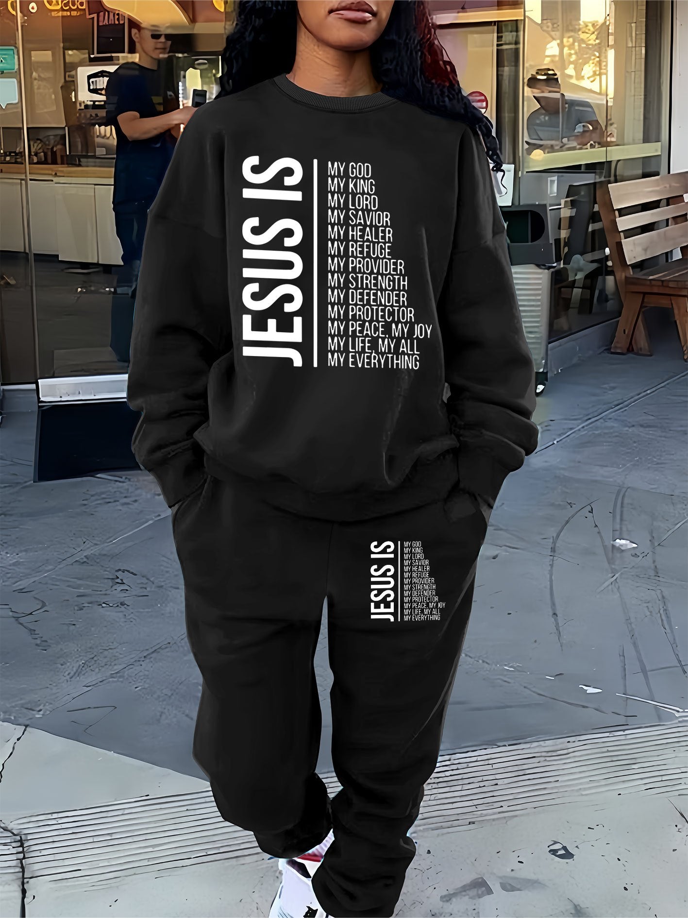 Cozy Fleece-Lined Women's Casual Letter Print Sweatshirt & Joggers Set - Machine Washable, All-Season Comfort