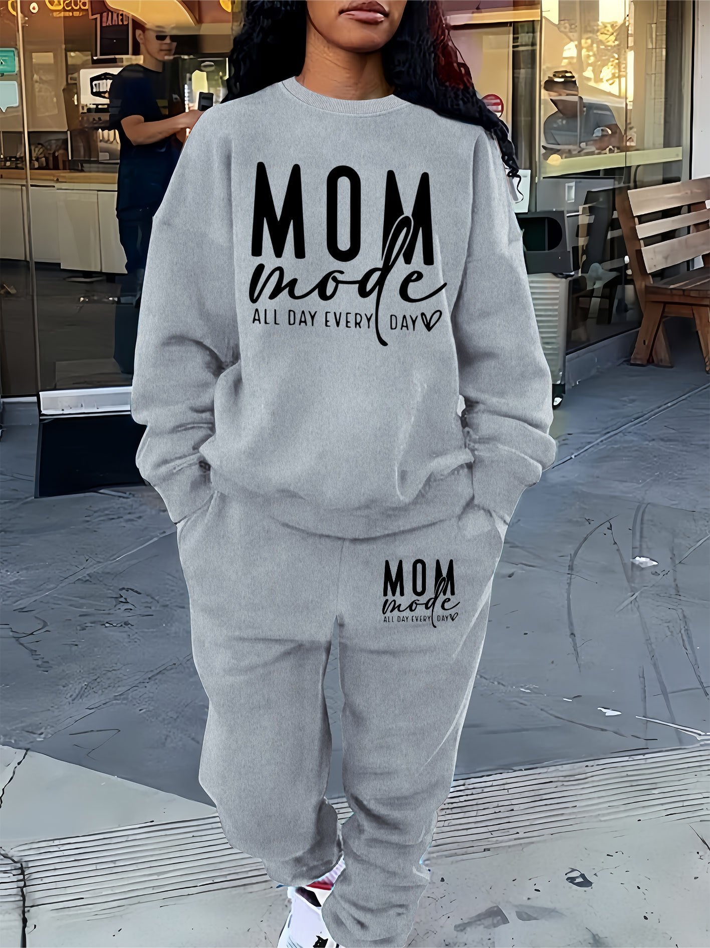 Letter Print Two Piece Set, Crew Neck Sweatshirt & Pants Outfits For Winter & Fall, Women's Clothing