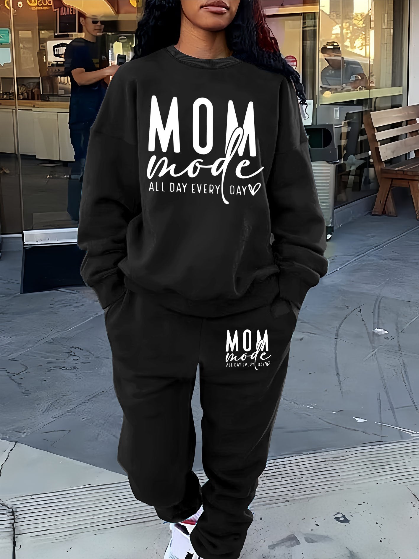 Letter Print Two Piece Set, Crew Neck Sweatshirt & Pants Outfits For Winter & Fall, Women's Clothing