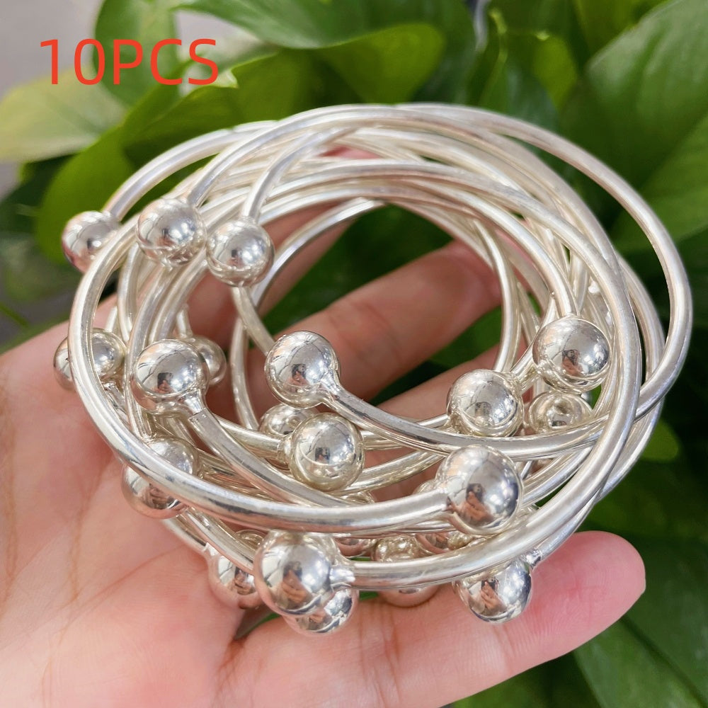 Retro Boho Thick West Indian Bangles, 10mm Ball Silvery Bangles, Boho Stacking Bangles, Handmade Silvery Bangles for Women Daily Holiday Jewelry Gifts