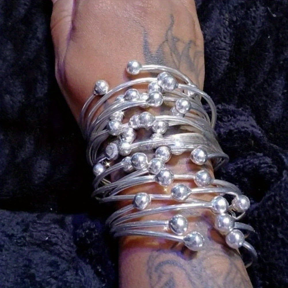 Retro Boho Thick West Indian Bangles, 10mm Ball Silvery Bangles, Boho Stacking Bangles, Handmade Silvery Bangles for Women Daily Holiday Jewelry Gifts