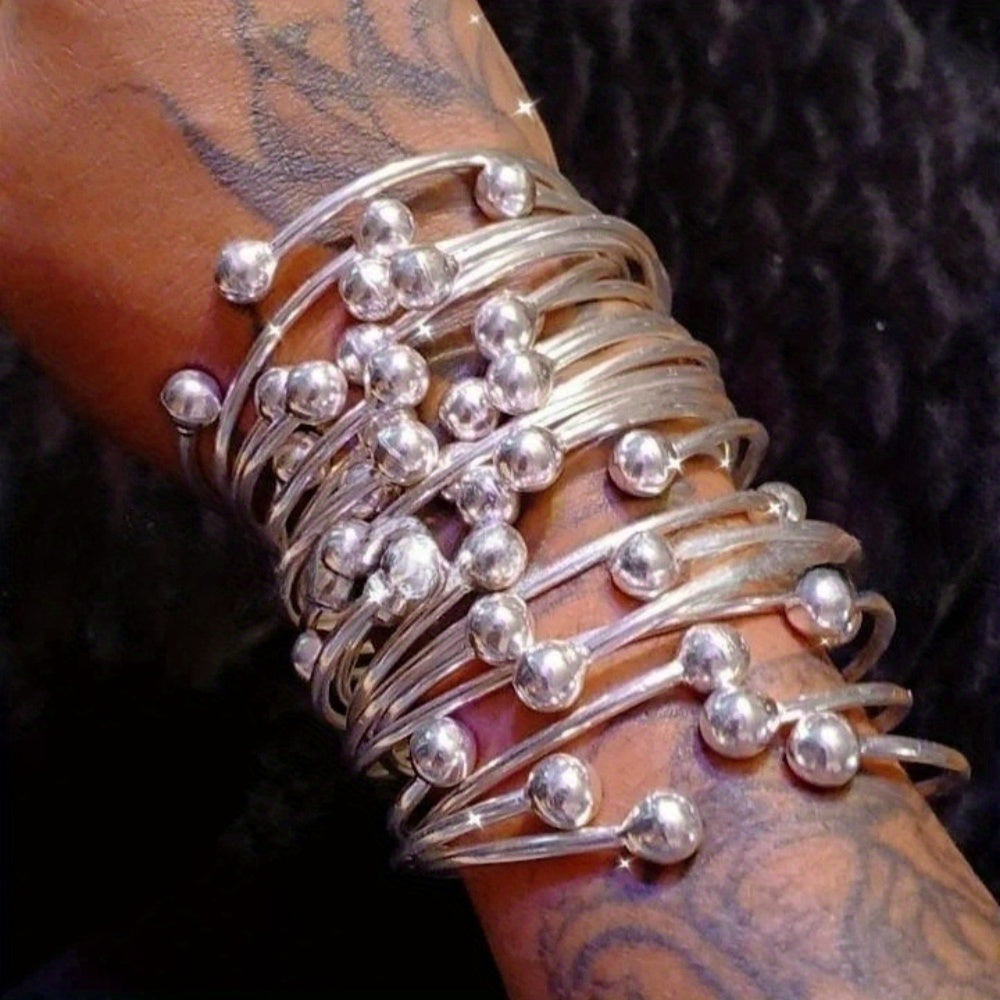 Retro Boho Thick West Indian Bangles, 10mm Ball Silvery Bangles, Boho Stacking Bangles, Handmade Silvery Bangles for Women Daily Holiday Jewelry Gifts
