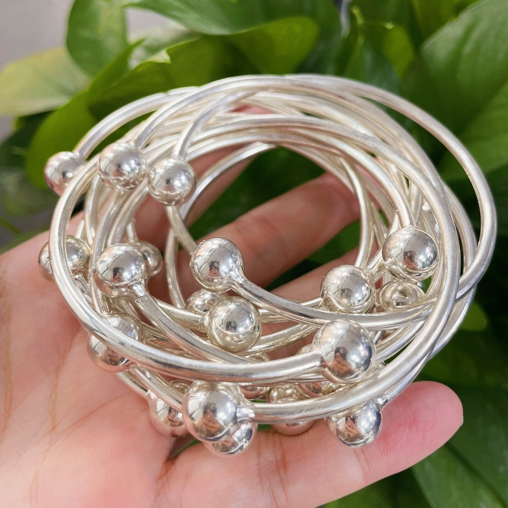 Retro Boho Thick West Indian Bangles, 10mm Ball Silvery Bangles, Boho Stacking Bangles, Handmade Silvery Bangles for Women Daily Holiday Jewelry Gifts