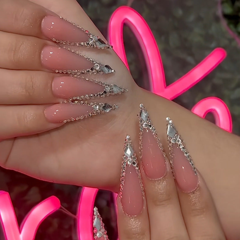 96 PCS 4PACK Long Stiletto Glossy Rhinestone Press on Nails with Glue, Bling Glitter French Tip Acrylic Almond Artificial Nails in Nude Pink Stick on False Nails with Design