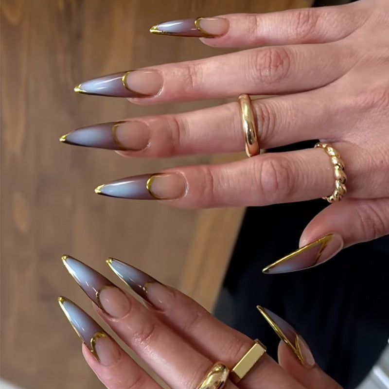 96 PCS 4PACK Long Stiletto Glossy Rhinestone Press on Nails with Glue, Bling Glitter French Tip Acrylic Almond Artificial Nails in Nude Pink Stick on False Nails with Design