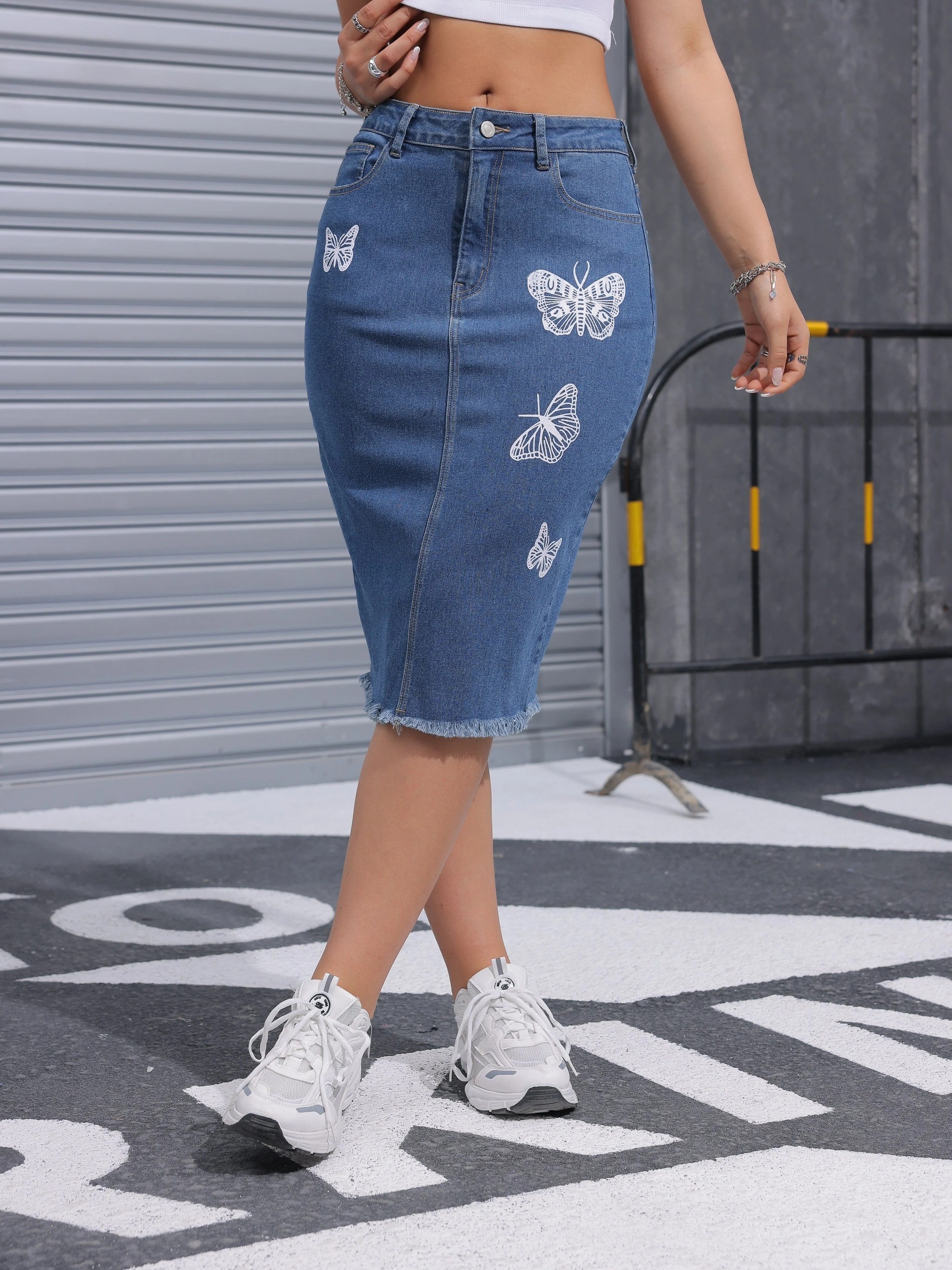 Women's High-Waisted Butterfly Print Denim Midi Skirt with Frayed Hem - Stretch Cotton, Casual Knee-Length Jean Skirt for Spring/Summer/Fall, Seasonal Fashion | Feminine Casualwear | Stretch Denim Blend