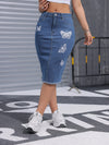 Women's High-Waisted Butterfly Print Denim Midi Skirt with Frayed Hem - Stretch Cotton, Casual Knee-Length Jean Skirt for Spring/Summer/Fall, Seasonal Fashion | Feminine Casualwear | Stretch Denim Blend