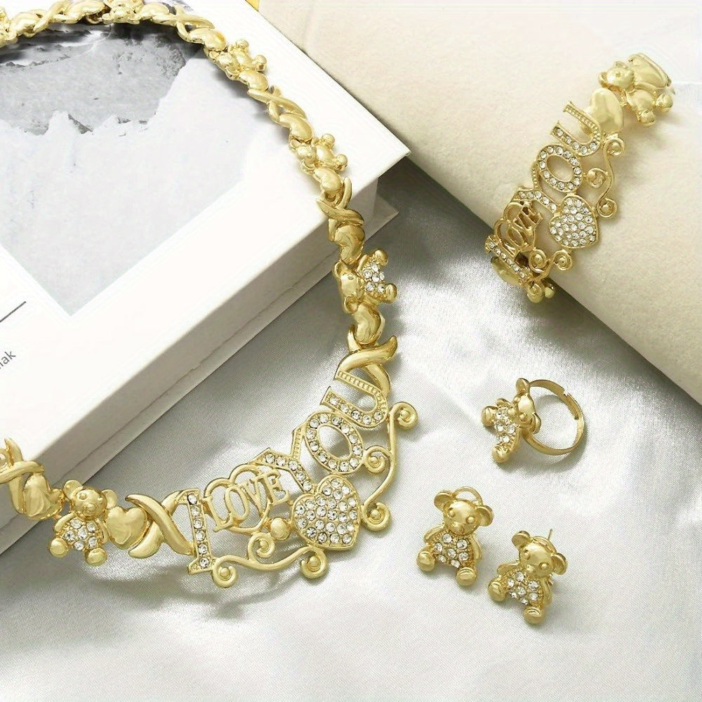 4pcs Women Jewelry Necklace Set 18K Golden Plated Bride Bridesmaid Fashion Zirconia Wedding Jewelry Necklace Earrings Bracelet Ring