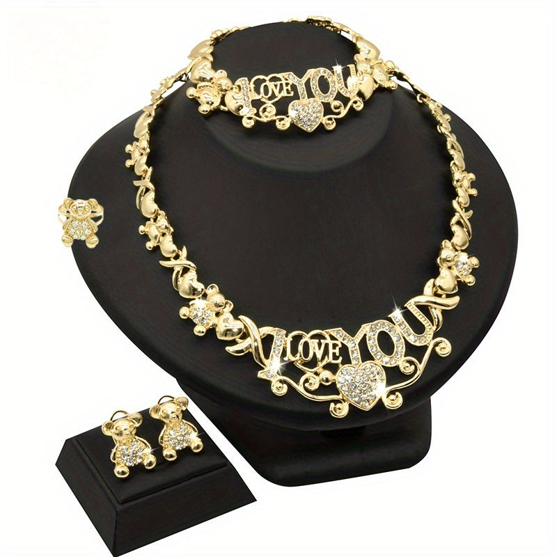 4pcs Women Jewelry Necklace Set 18K Golden Plated Bride Bridesmaid Fashion Zirconia Wedding Jewelry Necklace Earrings Bracelet Ring