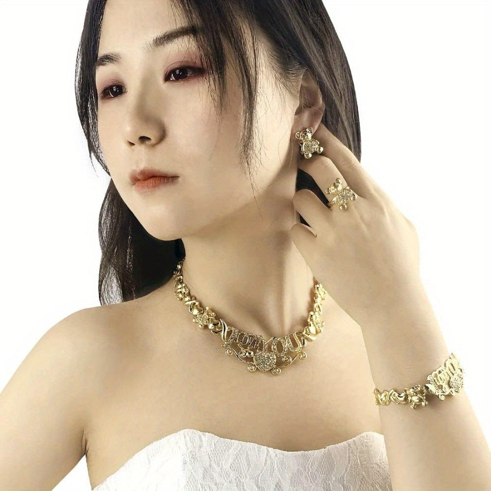 4pcs Women Jewelry Necklace Set 18K Golden Plated Bride Bridesmaid Fashion Zirconia Wedding Jewelry Necklace Earrings Bracelet Ring