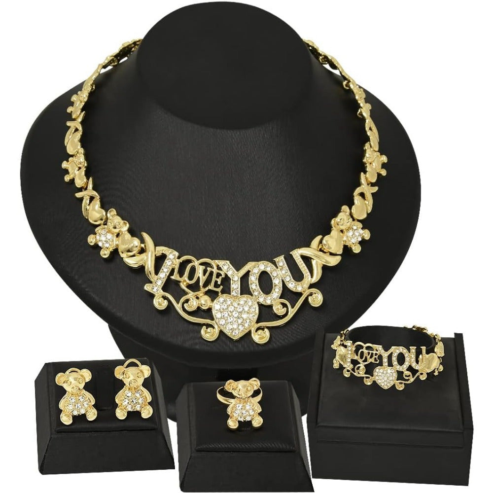4pcs Women Jewelry Necklace Set 18K Golden Plated Bride Bridesmaid Fashion Zirconia Wedding Jewelry Necklace Earrings Bracelet Ring