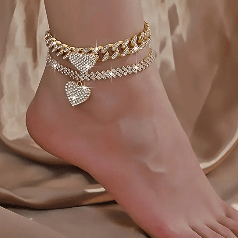 Cross-Border Hot Heart Shape Rhinestone Anklet Suit Personality Simple Titanium Steel Anklet Beach Ornament Ankle Chain