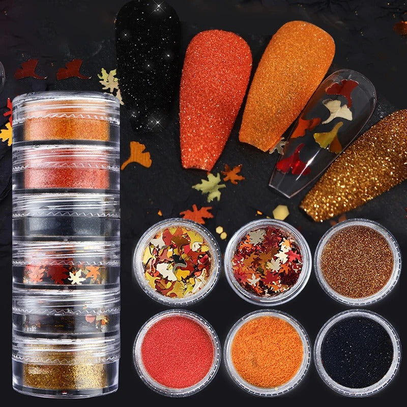 6pcs/Set Autumn Nail Art Set, Yellow Maple Glitter Sequins, Shiny Autumn Leaves Paillettes, Winter Furry Sugar Powder, No Fragrance, Nail Deco Accessories for Hand & Foot Care