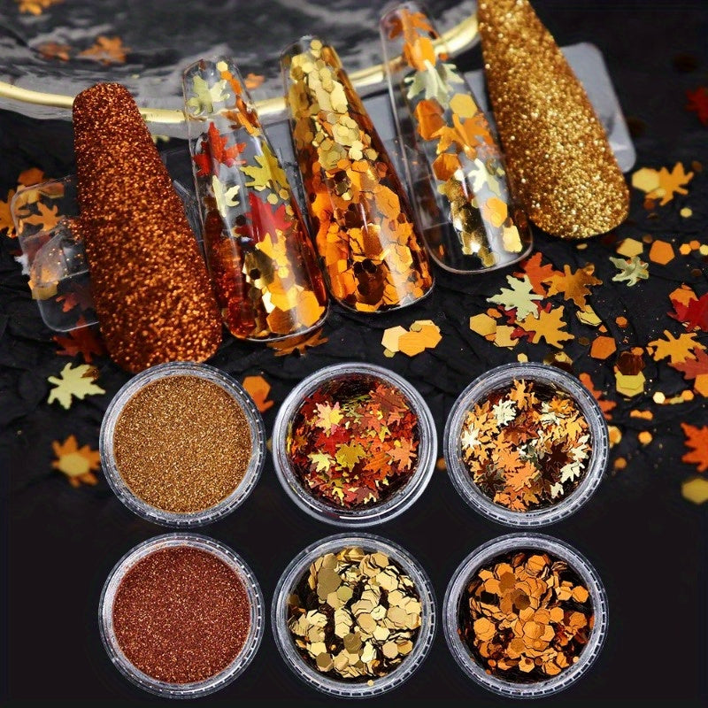 6pcs/Set Autumn Nail Art Set, Yellow Maple Glitter Sequins, Shiny Autumn Leaves Paillettes, Winter Furry Sugar Powder, No Fragrance, Nail Deco Accessories for Hand & Foot Care