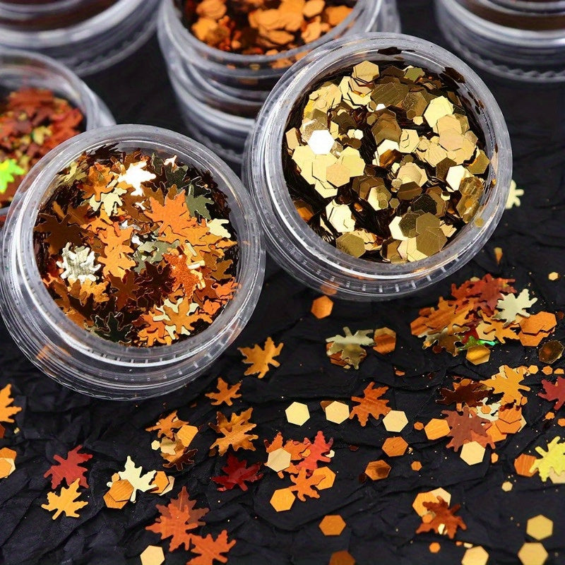 6pcs/Set Autumn Nail Art Set, Yellow Maple Glitter Sequins, Shiny Autumn Leaves Paillettes, Winter Furry Sugar Powder, No Fragrance, Nail Deco Accessories for Hand & Foot Care