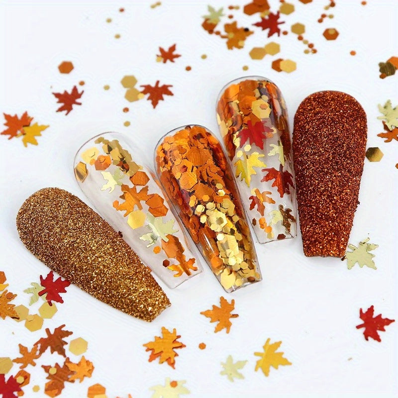 6pcs/Set Autumn Nail Art Set, Yellow Maple Glitter Sequins, Shiny Autumn Leaves Paillettes, Winter Furry Sugar Powder, No Fragrance, Nail Deco Accessories for Hand & Foot Care