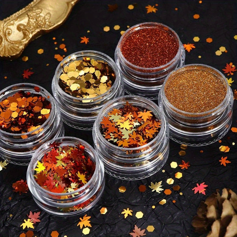 6pcs/Set Autumn Nail Art Set, Yellow Maple Glitter Sequins, Shiny Autumn Leaves Paillettes, Winter Furry Sugar Powder, No Fragrance, Nail Deco Accessories for Hand & Foot Care