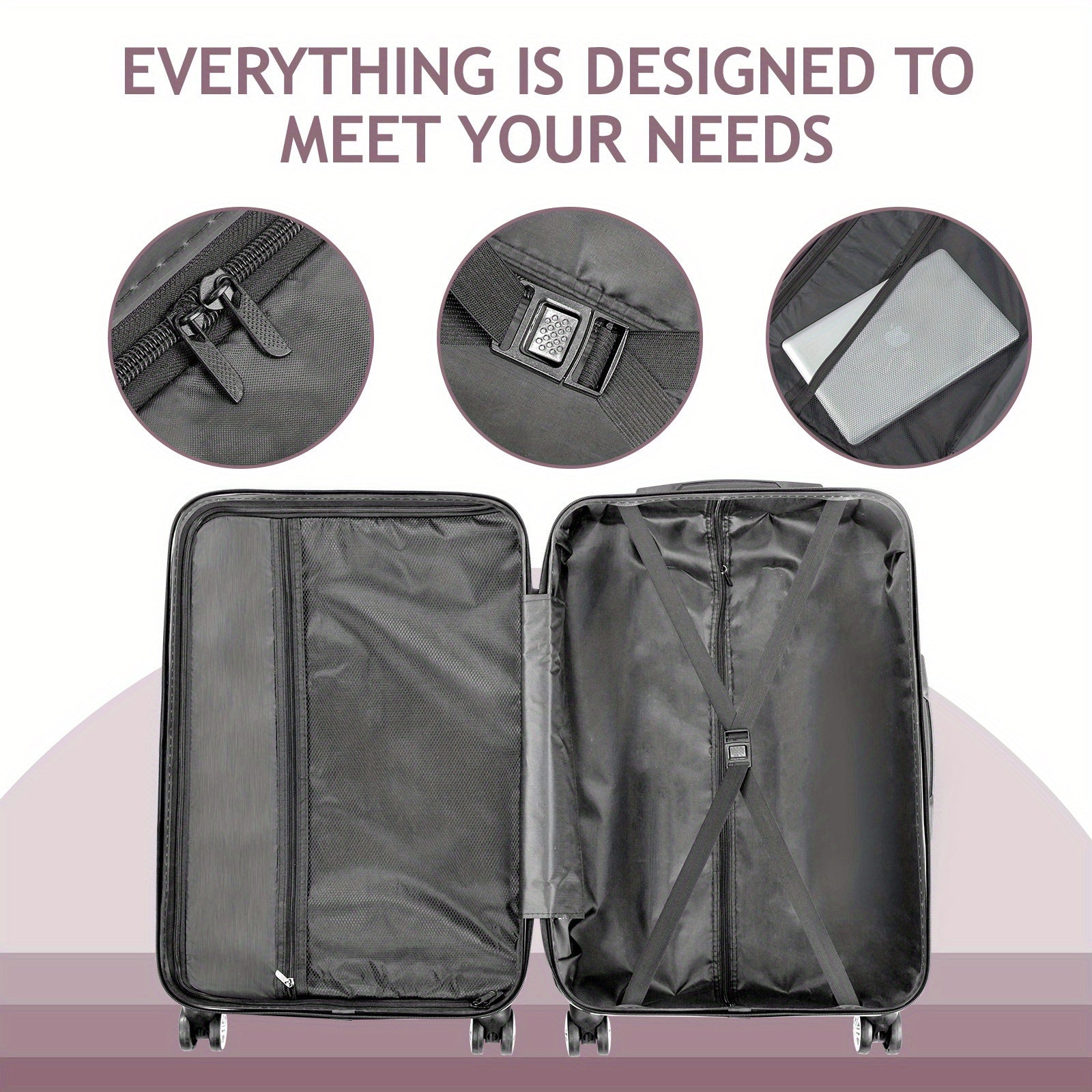 4pcs Set Light Weight Hardside Spinner Wheels Luggage Suitcase, 16in 20in 24in 28in, WITH TSA Lock, Black, 4 In 1 Luggage Sets, Suitable For Different Travel Days