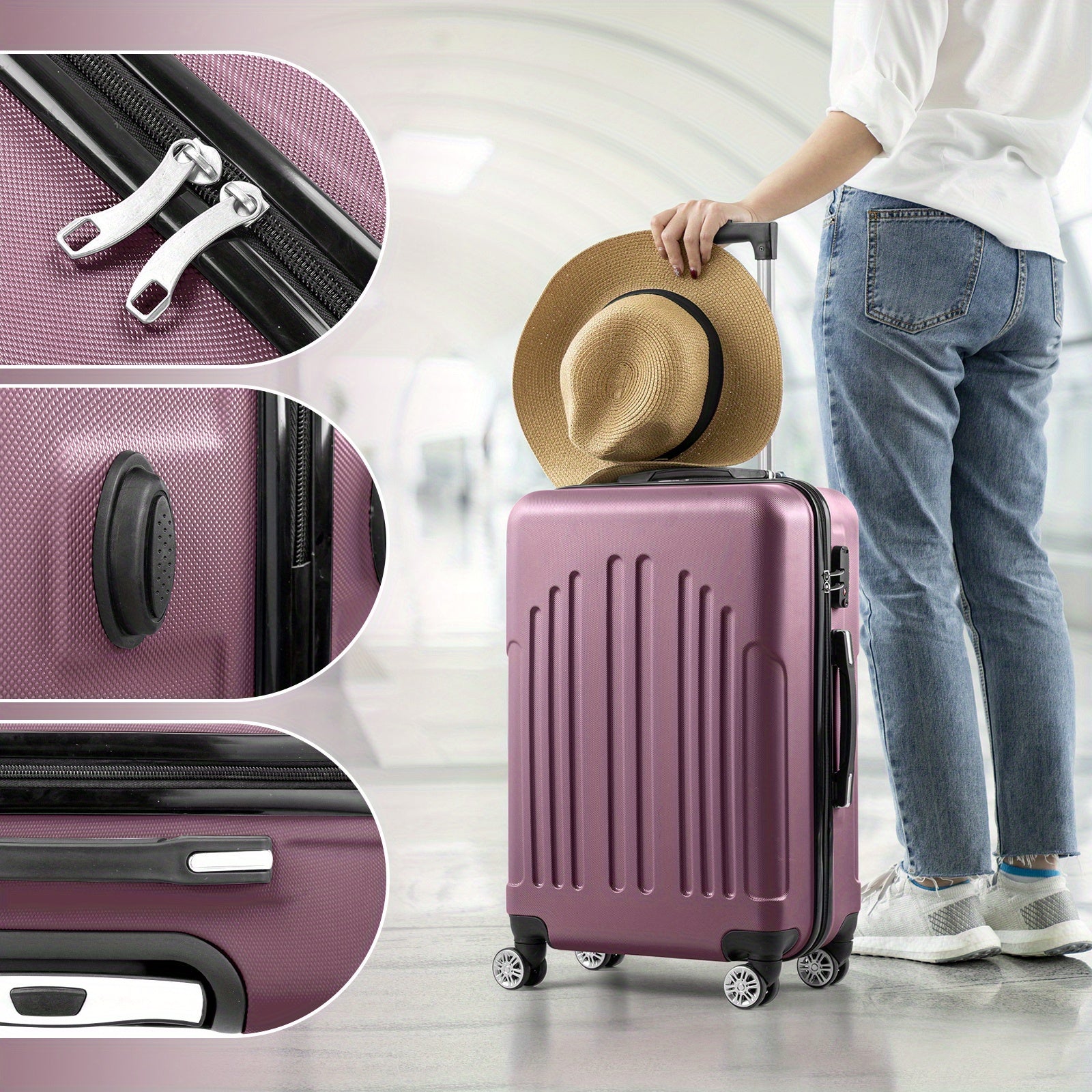 4pcs Set Light Weight Hardside Spinner Wheels Luggage Suitcase, 16in 20in 24in 28in, WITH TSA Lock, Black, 4 In 1 Luggage Sets, Suitable For Different Travel Days