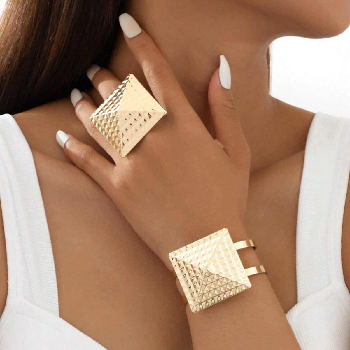 2pcs/ set stylish square geometric bracelet ring Women's jewelry set Valentine's birthday gift