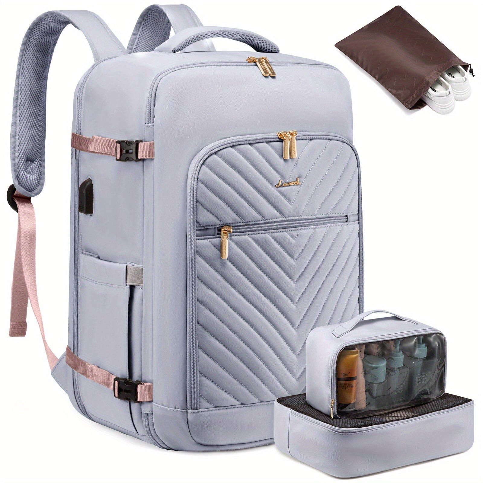 LOVEVOOK Large Travel Backpack for Women, Carry on Backpack Flight Approved with Shoe Bag, Personal Item Backpack Travel Bag with 2 Storage Containers, TSA Fit 17inch Laptop Luggage with USB Port