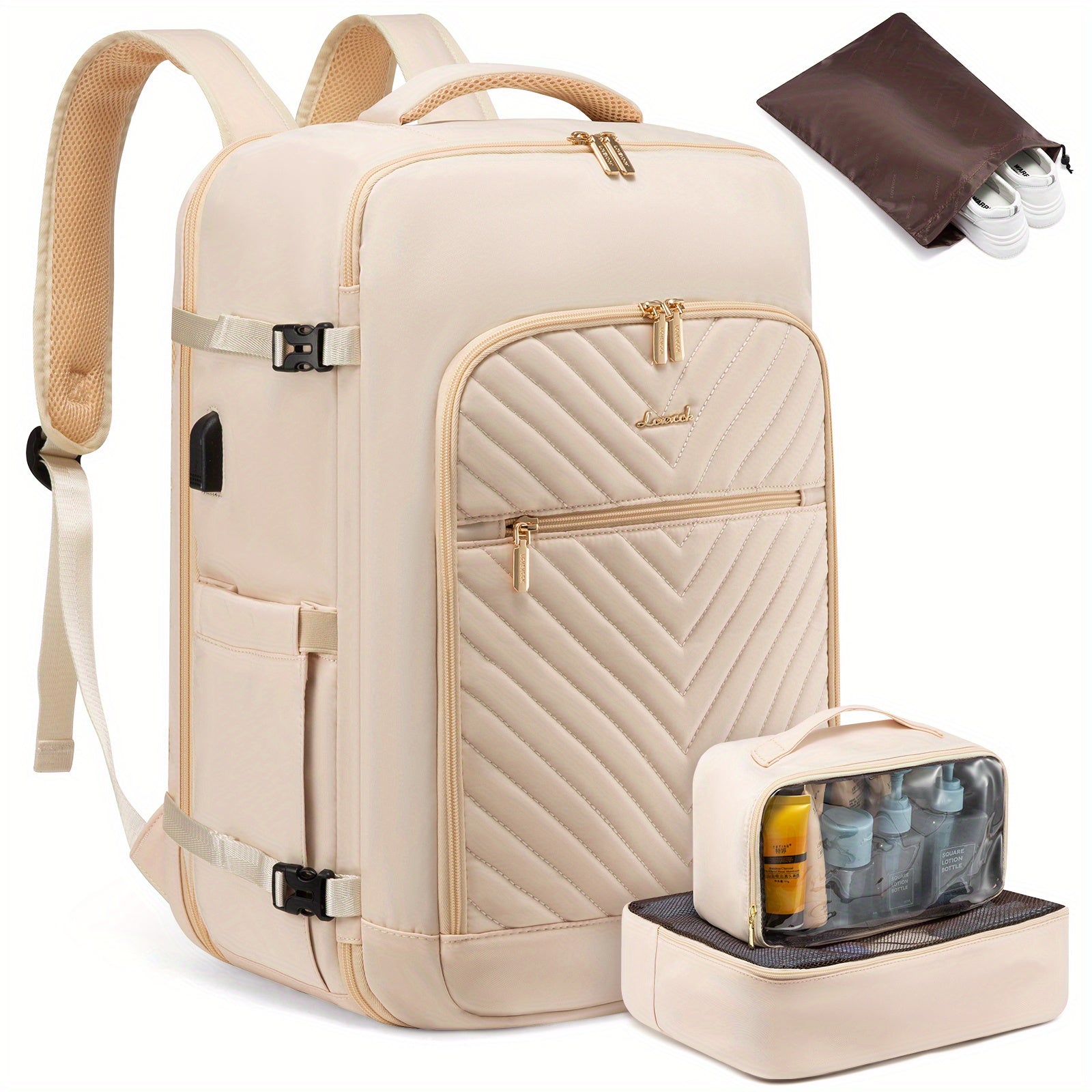 LOVEVOOK Large Travel Backpack for Women, Carry on Backpack Flight Approved with Shoe Bag, Personal Item Backpack Travel Bag with 2 Storage Containers, TSA Fit 17inch Laptop Luggage with USB Port
