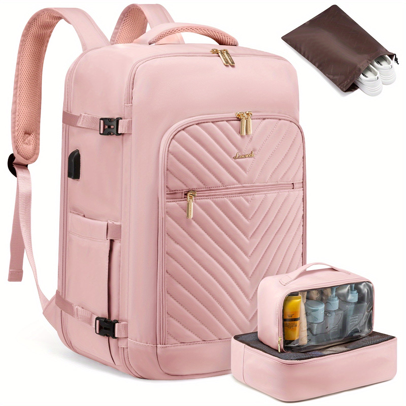 LOVEVOOK Large Travel Backpack for Women, Carry on Backpack Flight Approved with Shoe Bag, Personal Item Backpack Travel Bag with 2 Storage Containers, TSA Fit 17inch Laptop Luggage with USB Port