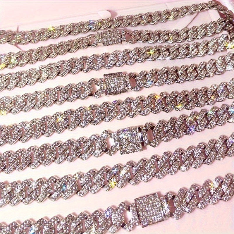 A Hip-hop Style Jewelry Set With A Necklace And Bracelet, Featuring A Thick Chain Design Embedded With Sparkling, Perfect For Accessorizing Daily Outfits Or Party Wear.