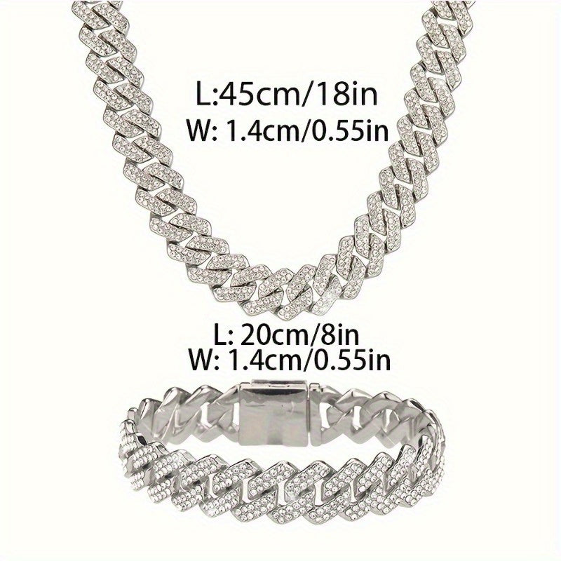 A Hip-hop Style Jewelry Set With A Necklace And Bracelet, Featuring A Thick Chain Design Embedded With Sparkling, Perfect For Accessorizing Daily Outfits Or Party Wear.