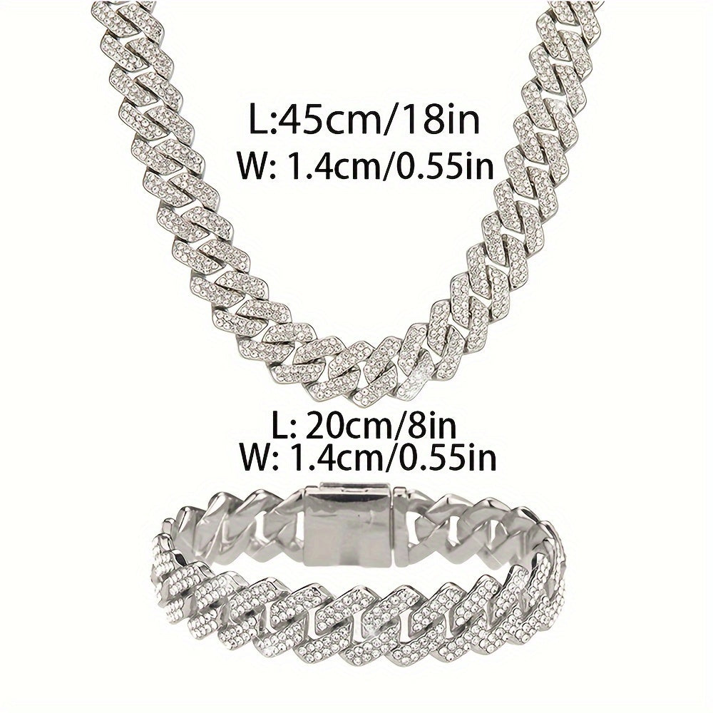A Hip-hop Style Jewelry Set With A Necklace And Bracelet, Featuring A Thick Chain Design Embedded With Sparkling, Perfect For Accessorizing Daily Outfits Or Party Wear.