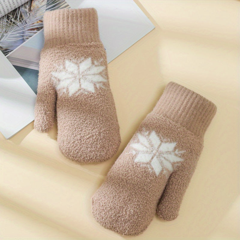 1 Pair Cashmere-Blend Knitted Mittens - Soft Beige Snowflake Design Winter Gloves, Thick Warm & Windproof for Outdoor Use, Hand Wash or Dry Clean, Winter Clothes
