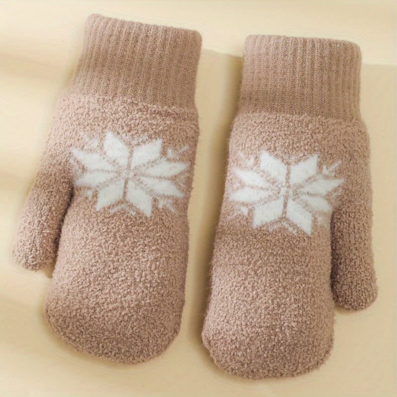 1 Pair Cashmere-Blend Knitted Mittens - Soft Beige Snowflake Design Winter Gloves, Thick Warm & Windproof for Outdoor Use, Hand Wash or Dry Clean, Winter Clothes