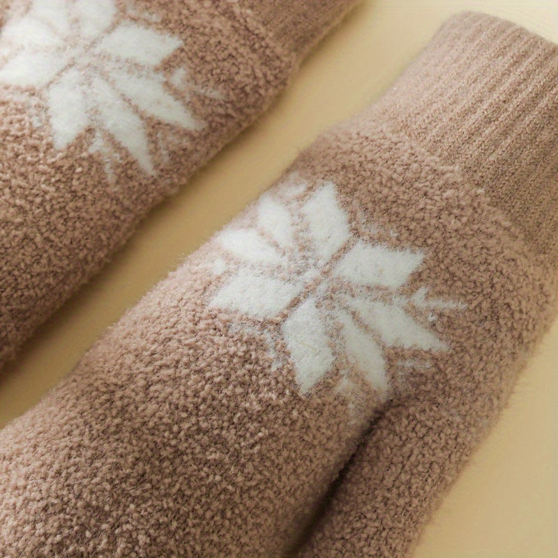 1 Pair Cashmere-Blend Knitted Mittens - Soft Beige Snowflake Design Winter Gloves, Thick Warm & Windproof for Outdoor Use, Hand Wash or Dry Clean, Winter Clothes