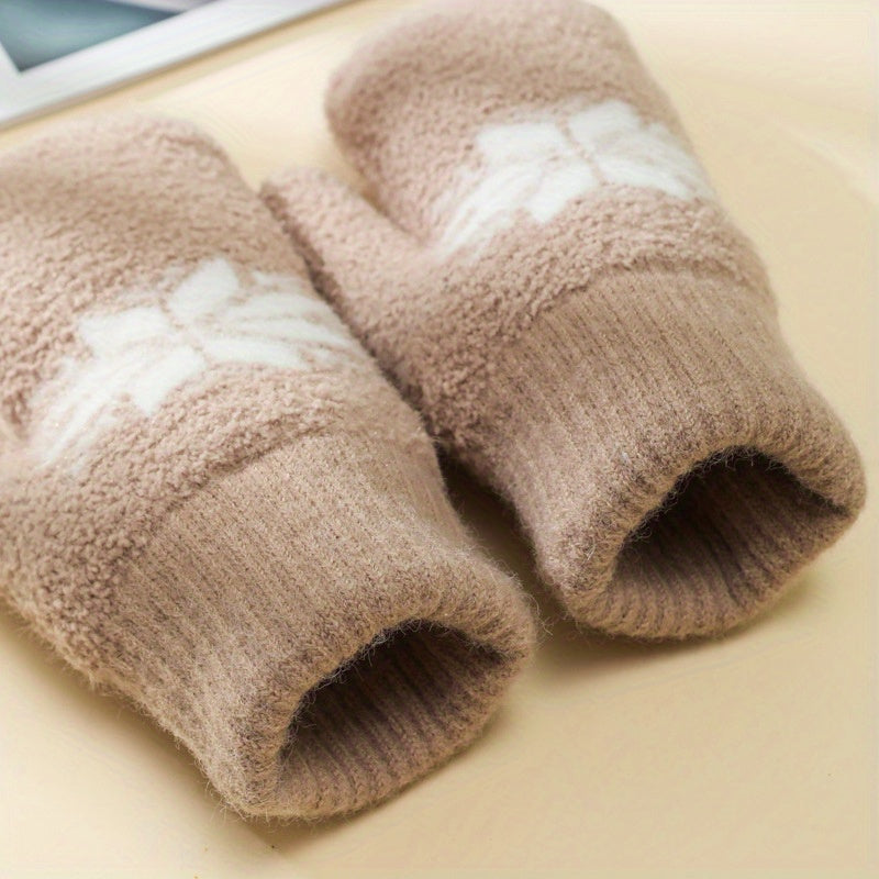 1 Pair Cashmere-Blend Knitted Mittens - Soft Beige Snowflake Design Winter Gloves, Thick Warm & Windproof for Outdoor Use, Hand Wash or Dry Clean, Winter Clothes