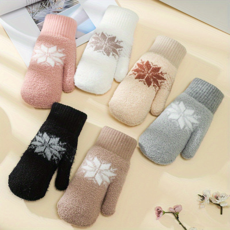 1 Pair Cashmere-Blend Knitted Mittens - Soft Beige Snowflake Design Winter Gloves, Thick Warm & Windproof for Outdoor Use, Hand Wash or Dry Clean, Winter Clothes