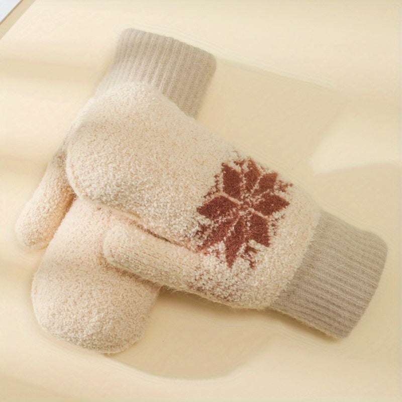 1 Pair Cashmere-Blend Knitted Mittens - Soft Beige Snowflake Design Winter Gloves, Thick Warm & Windproof for Outdoor Use, Hand Wash or Dry Clean, Winter Clothes