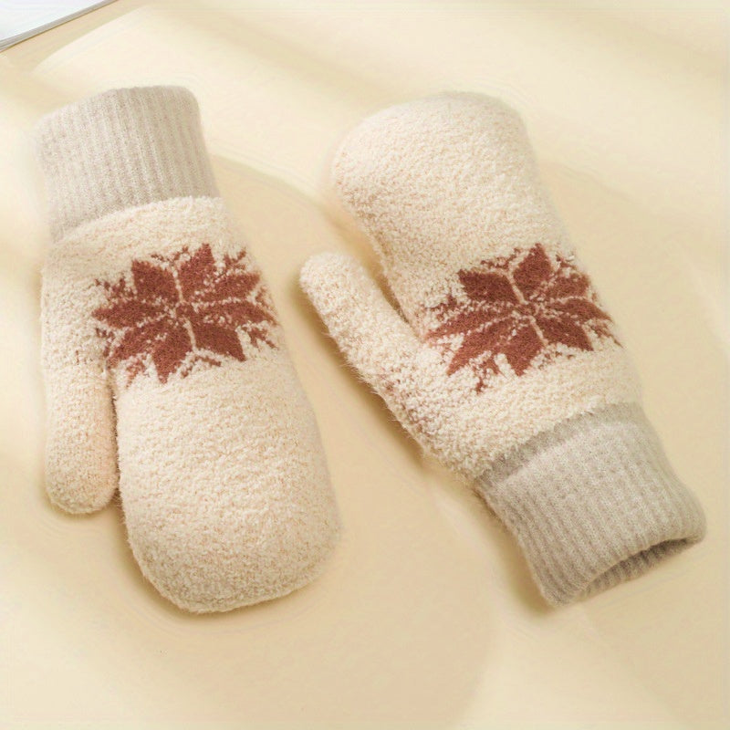 1 Pair Cashmere-Blend Knitted Mittens - Soft Beige Snowflake Design Winter Gloves, Thick Warm & Windproof for Outdoor Use, Hand Wash or Dry Clean, Winter Clothes