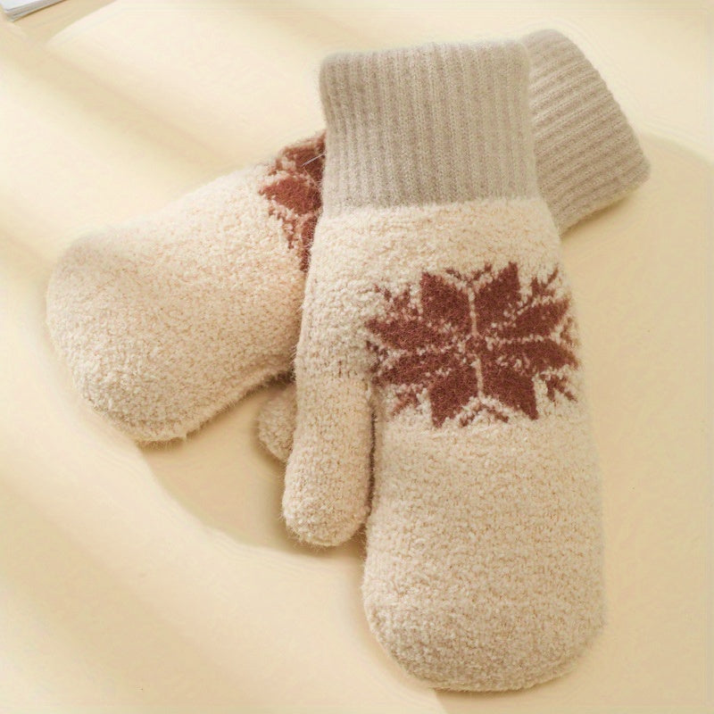 1 Pair Cashmere-Blend Knitted Mittens - Soft Beige Snowflake Design Winter Gloves, Thick Warm & Windproof for Outdoor Use, Hand Wash or Dry Clean, Winter Clothes