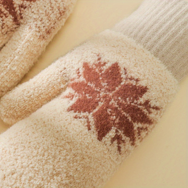 1 Pair Cashmere-Blend Knitted Mittens - Soft Beige Snowflake Design Winter Gloves, Thick Warm & Windproof for Outdoor Use, Hand Wash or Dry Clean, Winter Clothes