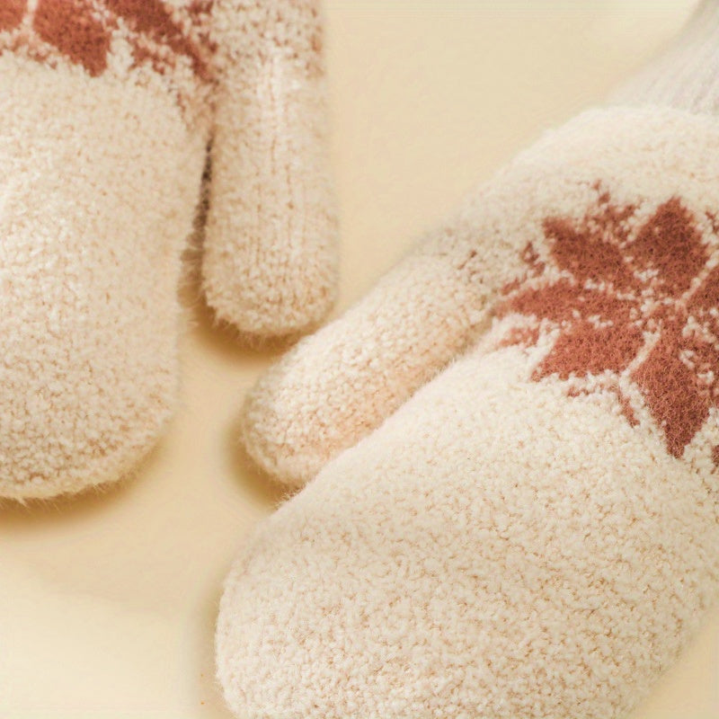 1 Pair Cashmere-Blend Knitted Mittens - Soft Beige Snowflake Design Winter Gloves, Thick Warm & Windproof for Outdoor Use, Hand Wash or Dry Clean, Winter Clothes