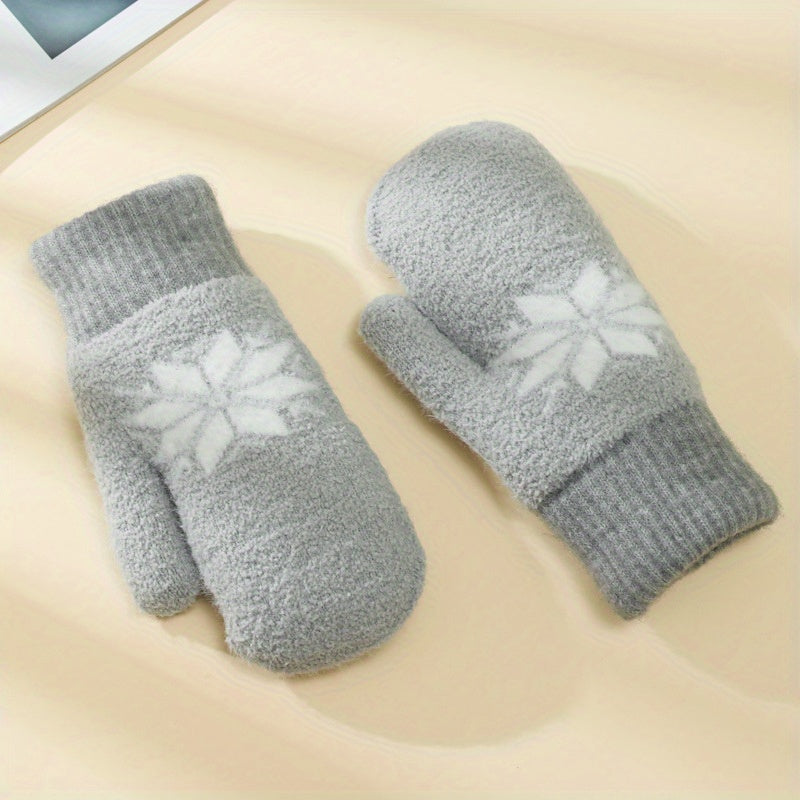 1 Pair Cashmere-Blend Knitted Mittens - Soft Beige Snowflake Design Winter Gloves, Thick Warm & Windproof for Outdoor Use, Hand Wash or Dry Clean, Winter Clothes