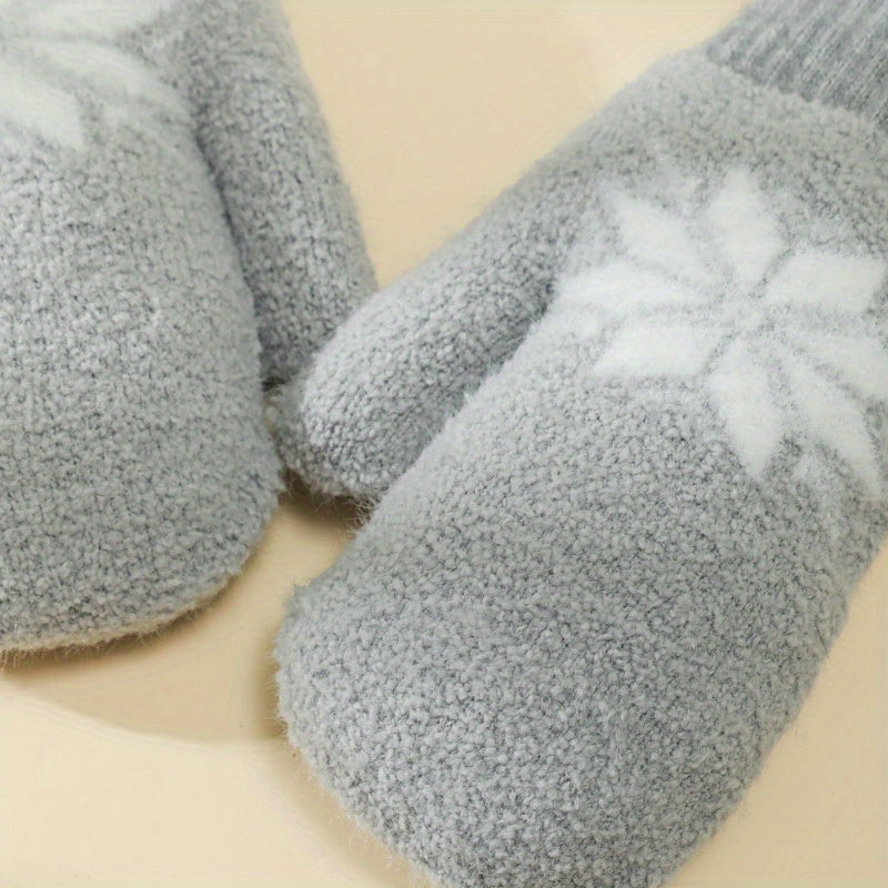 1 Pair Cashmere-Blend Knitted Mittens - Soft Beige Snowflake Design Winter Gloves, Thick Warm & Windproof for Outdoor Use, Hand Wash or Dry Clean, Winter Clothes