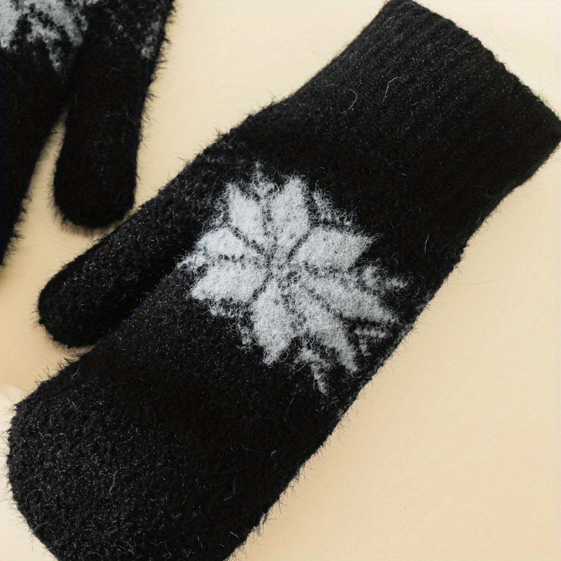 1 Pair Cashmere-Blend Knitted Mittens - Soft Beige Snowflake Design Winter Gloves, Thick Warm & Windproof for Outdoor Use, Hand Wash or Dry Clean, Winter Clothes