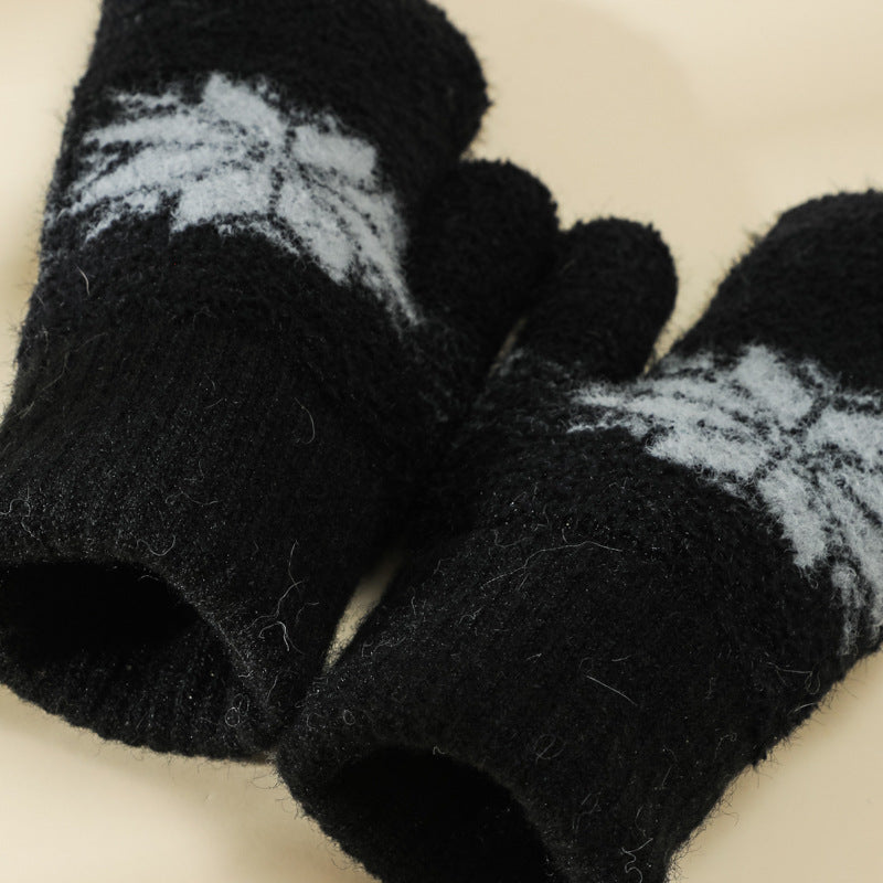 1 Pair Cashmere-Blend Knitted Mittens - Soft Beige Snowflake Design Winter Gloves, Thick Warm & Windproof for Outdoor Use, Hand Wash or Dry Clean, Winter Clothes