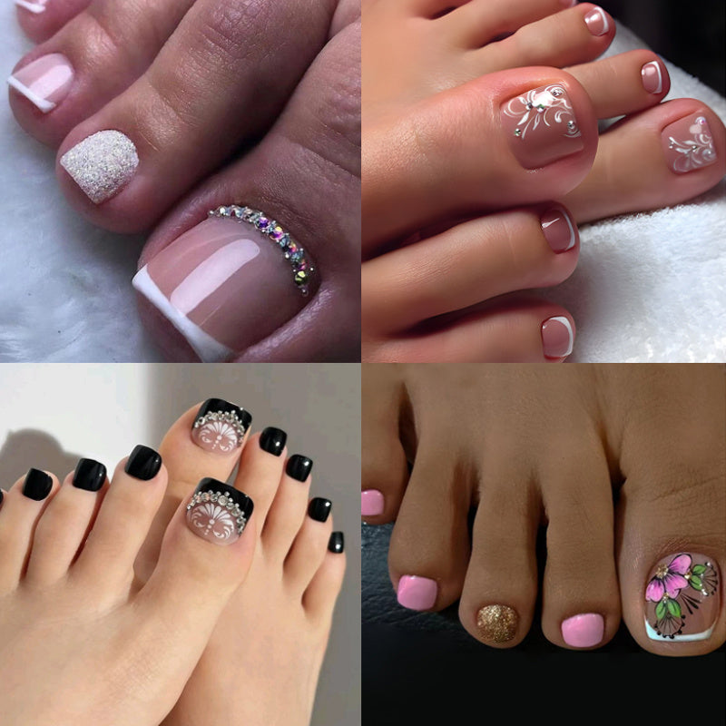 4 Boxes (96pcs), Short Rounded Square Press On Toenails Combination Set for Flower Glitter Pedicure Nail Art Full CoverFalse Toenails for Women