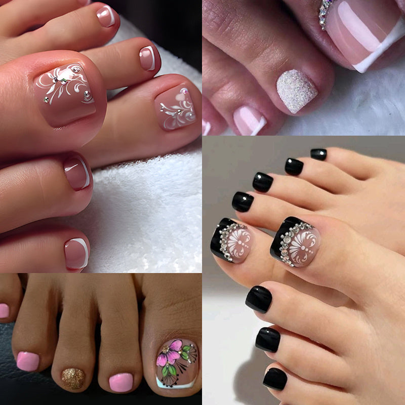 4 Boxes (96pcs), Short Rounded Square Press On Toenails Combination Set for Flower Glitter Pedicure Nail Art Full CoverFalse Toenails for Women